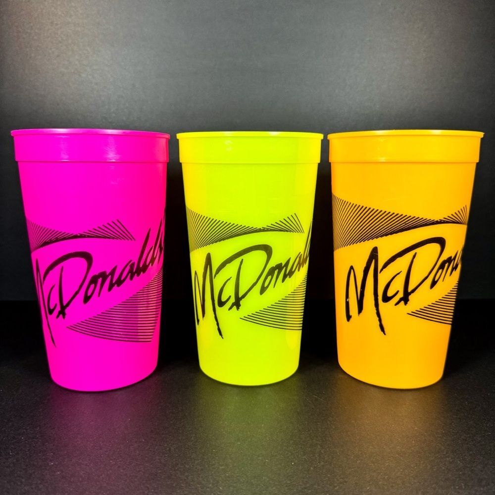 1991 McDonalds Coca Cola Fluorescent Neon Retro Collectible 32oz Cups | Lot of 3